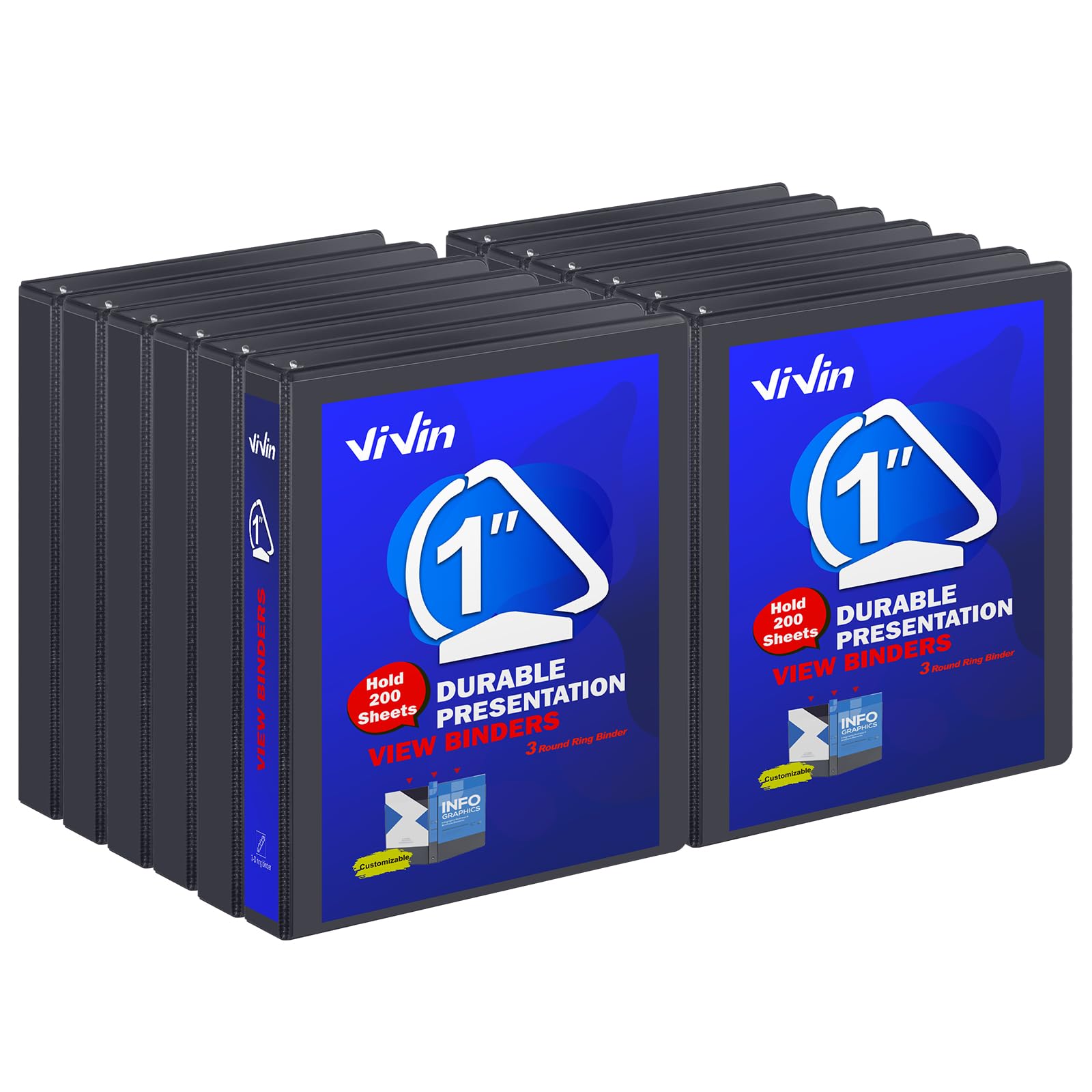 Photo 1 of 3 Ring Binder 1 Inch, ViVin Sturdy 1"-Slant D Ring Binder with 2 Interior Pockets, Clear View Cover, PVC-Free, Fits 225 Sheets of US Letter Size Paper (12 Pack, Black)