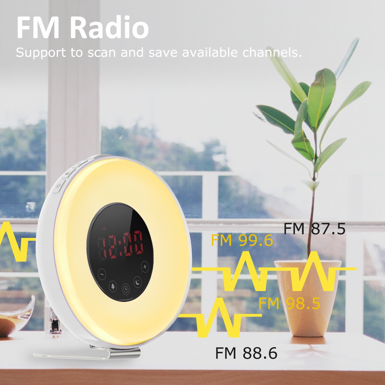 Ifecco Despertador despertador con luz del sol y simulación, noche de la luna del LED más 7 color que cambia la alarma de radio de la ayuda FM, control del tacto