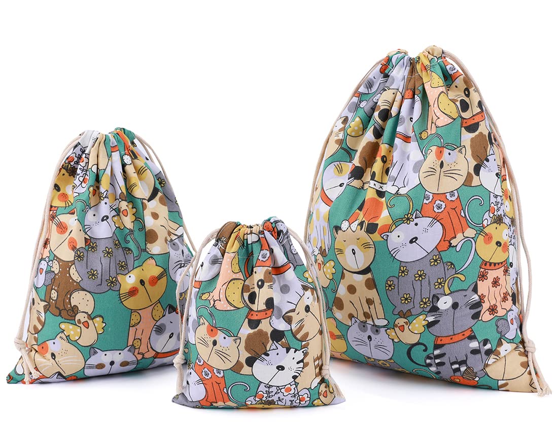 Amoyie 3 pcs Drawstring Storage Bags Set for Kids Stuff Travel Home Accessories, Cotton Organizer Bag for Cosmetic, Toy, Green Cat