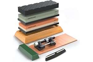 KNIFEPLANET Premium Knife Sharpening Stone Set – 400/1000 and 3000/8000-Grit Professional, Whetstone Set Includes Flattening Stone, Bamboo Base, Leather Strop, Honing Guide, Angle tool and Abrasive Compound
