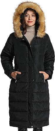 maxi puffer coat with fur hood