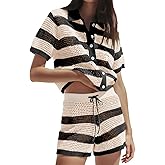 Tankaneo Womens 2 Piece Short Sets Crochet Knit Striped Summer Short Sleeve Shirts Beach Cover Up Travel Vacation Outfits