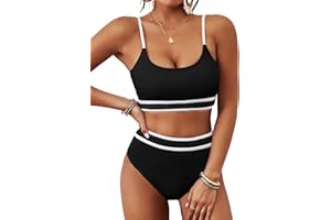 BMJL Women's High Waisted Bikini Ribbed Two Piece Swimsuit High Cut Color Block Adjustable Straps Bathing Suit
