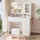 LIVELYGLOW 35.4" White Makeup Vanity Desk with Glass Top &amp; Acrylic Cabinet | Acrylic Cabinet Door, Spacious Glass Desktop, Smart LED Mirror, Built in Power Outlet