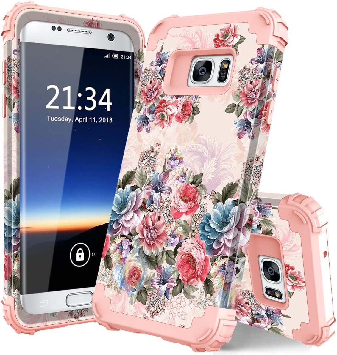 Hocase Galaxy S7 Case, SM-G930 Case, Heavy Duty Shockproof Hard Plastic+Silicone Bumper Full Body Protective Phone Case for Samsung Galaxy S7 G930 with Cute Flower Design - Peony/Rose Gold