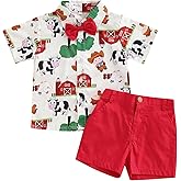 Doqcey Toddler Baby Boy Christmas Clothes Santa Cow Print Short Sleeve Button Bowtie Shirt Bib Shorts Set Gentleman Outfit