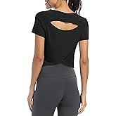 Bestisun Women Short Sleeve Cross Back Workout Crop Tops Backless Yoga Athletic Gym Shirts