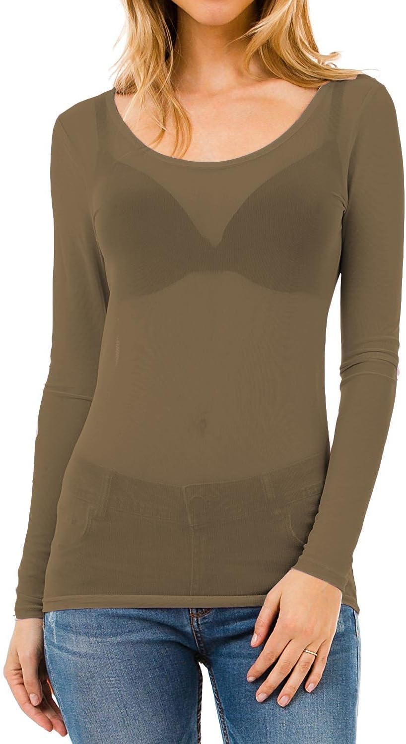 Womens Long Sleeve Sheer Mesh See Through Plain Top Plus Size T-Shirt