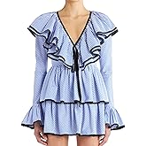 HOULENGS Women's Casual Striped Long Sleeve Ruffle Layer Babydoll Mini Dress Fall V Neck Tie Front Tiered A-line Short Dress