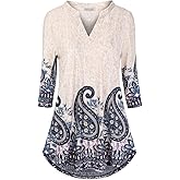 BAISHENGGT 3/4 Sleeve Tops for Women Notch V Neck Floral Work Blouses Dressy Casual Loose Fit Going Out Tunic Tops