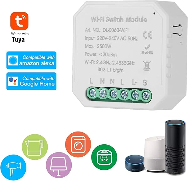 OWSOO 1PCS Interruptor WiFi Unidireccional Smart WiFi Switch Tuya Mini DIY Cuerpo Pequeo Interruptor de Luz Temporizador Control Remoto Compatible con Google HomeNest y Alexa