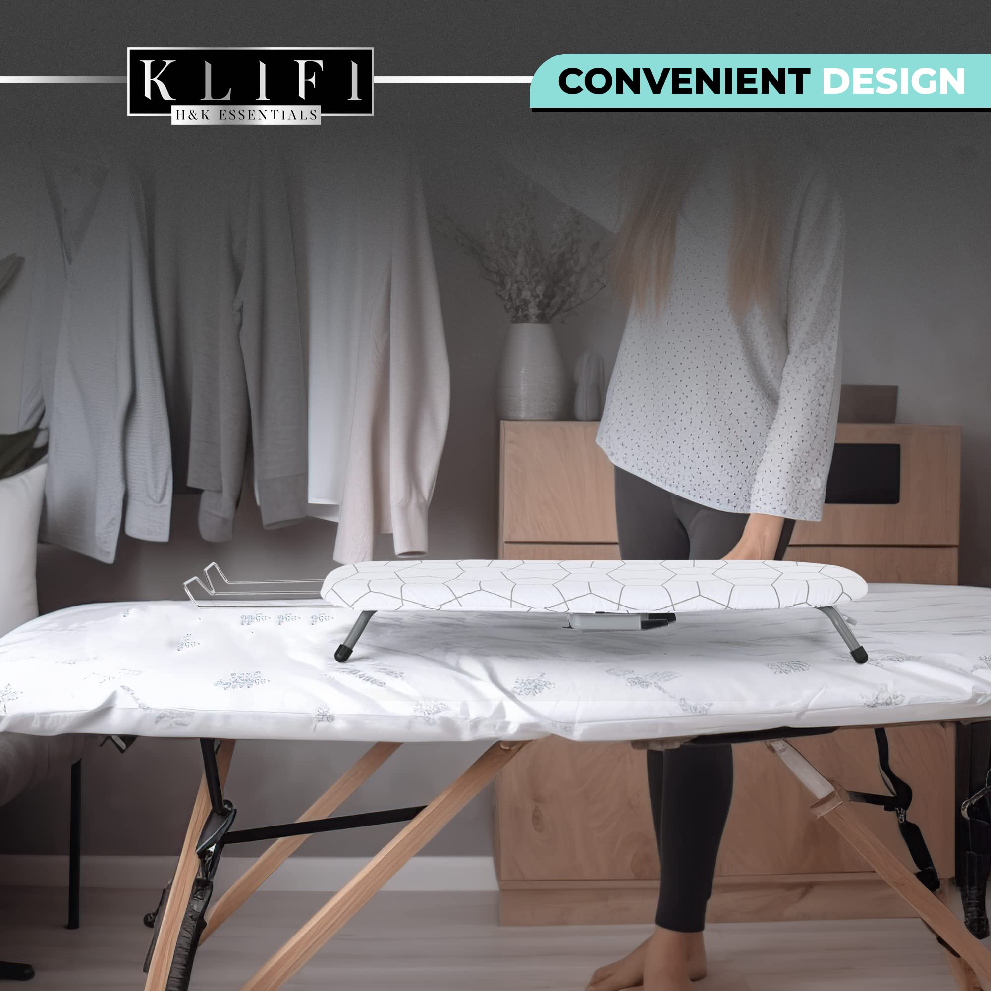 KLIFI Small Ironing Board Hanger Wall Mount Table Top Iron Board with Adjustable Legs Foldable with Built-in Iron Rest, Ironing Cloth Compact and Lightweight - Grey
