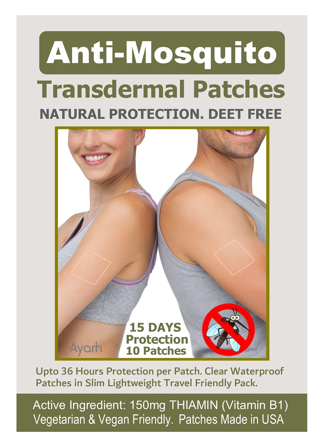 Anti-Mosquito Transdermal Patches. 15 Days Protection. Natural Ingredient. Deet Free. Vegetarian & Vegan friendly. Slim Lightweight Travel Friendly Pack. Patches Made in USA. 10 Patches.
