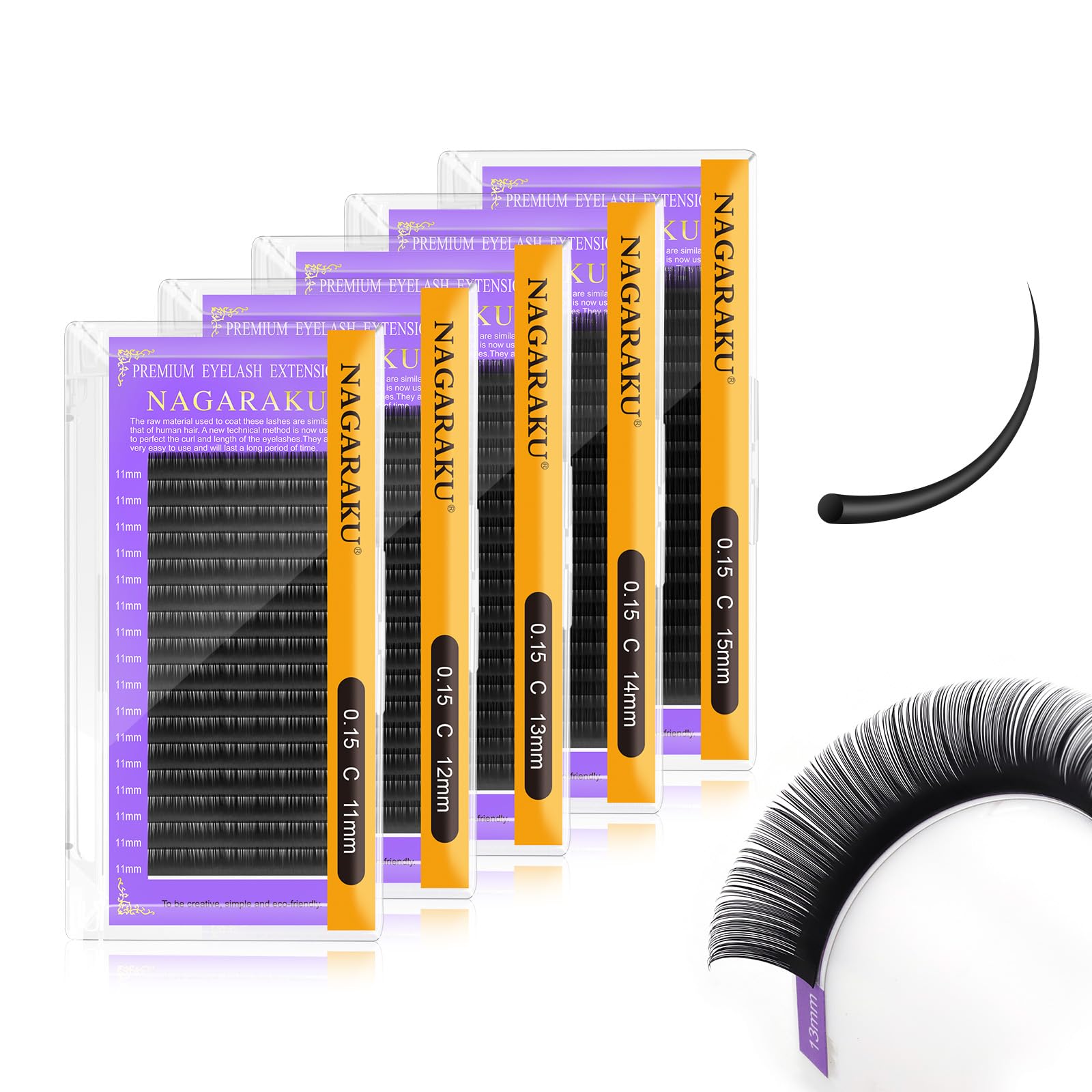 NAGARAKU 5 Trays Eyelash Extensions Supplies Classic 1:1 Lashes Individual Volume Lash Extensions Soft Single Natural Eyelashes Matte Black 16 Rows (0.15mm C Curl 11/12/13/14/15mm in 1 Pack)