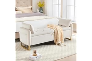 HOMYKA 65" End of Bed Storage Bench King Size, Storage Ottoman Bench with Tufted Button Upholstered and Gold Legs, Bedroom Benches with Armrests for Living Room Window and Entryway, Beige