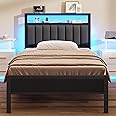 Furnulem Twin Size Bed Frame with Charging Station and LED Lights, Platform Bed with Metal Slats, Grey Upholstered Headboard with 2-Tier Storage Shelves, No Box Spring Needed