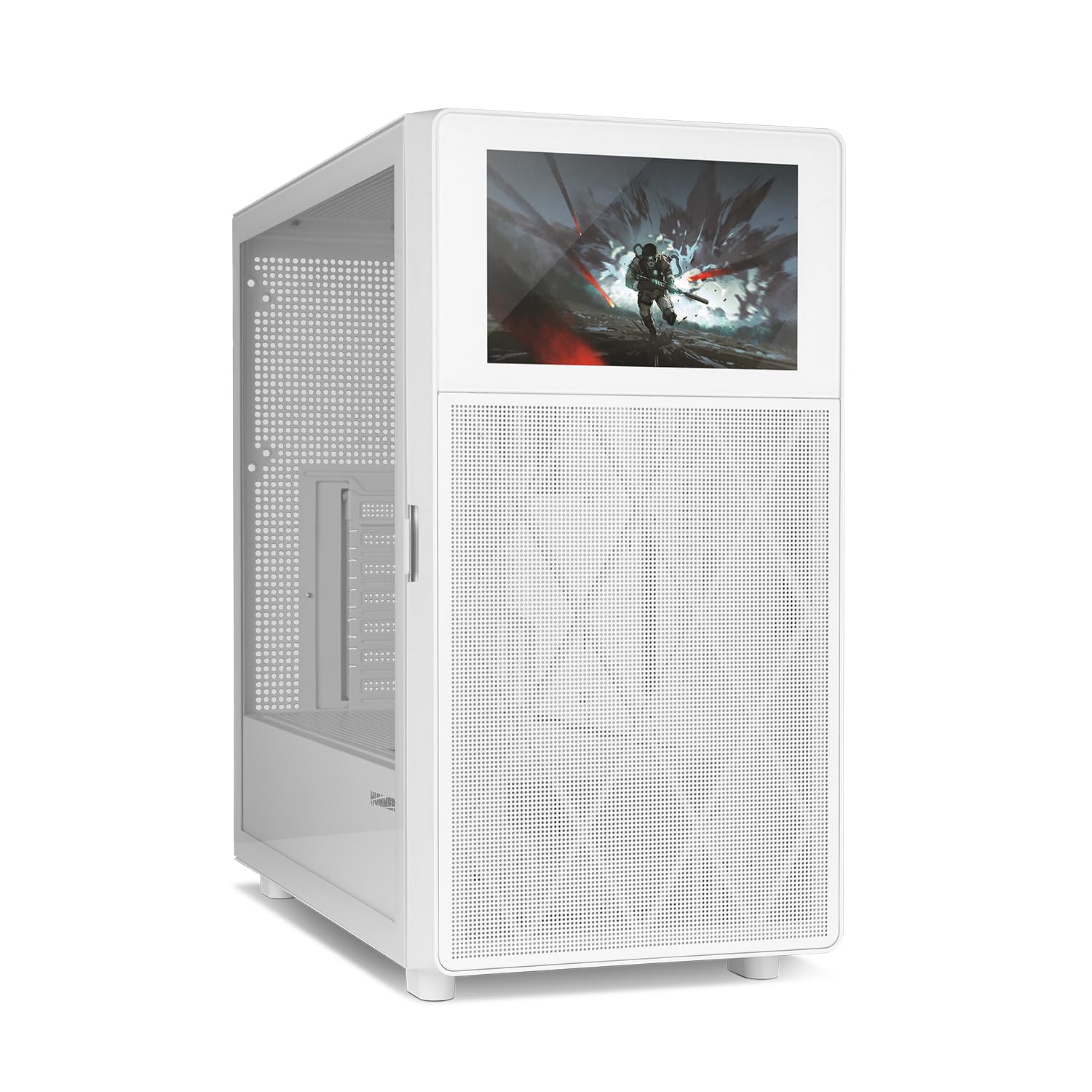 NOX Xtreme Products Hummer BIOS White – ATX/Micro-ATX/ITX Midi-Tower mit 8"-LCD-Display, Front Metal Mesh, Seitenfenster aus gehärtetem Glas, Platz für 11 Lüfter, USB-C/USB 3.0, Weiß