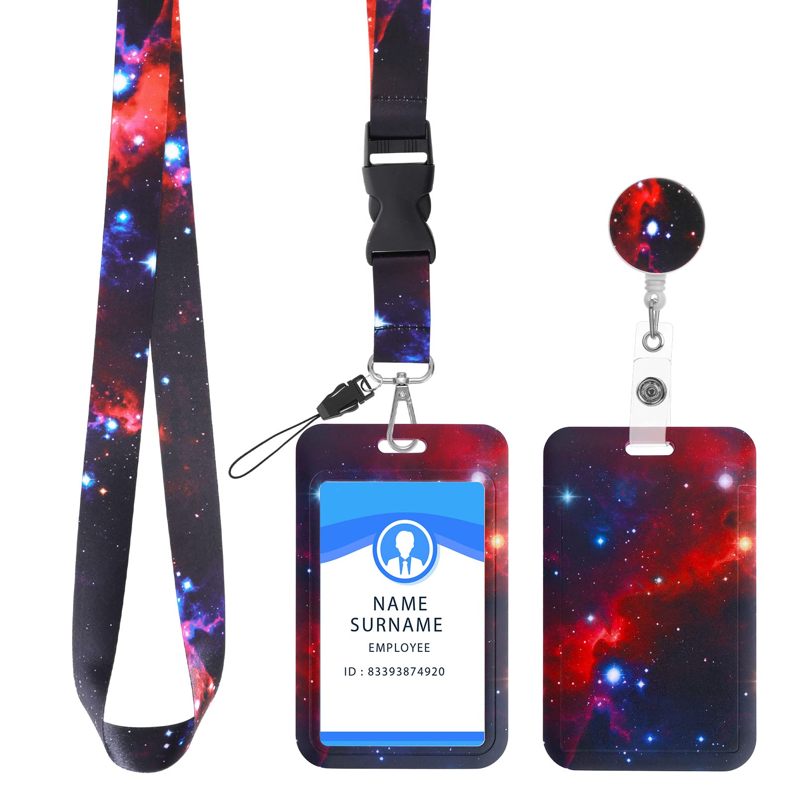 Molain ID Badge Holder with Lanyard and Retractable Badge Reel Clip, Starry Sky ID Card Holder Set Retractable Badge Key Reel Breakaway Crossbody Lanyards Around the Neck for Women(Starry-Red)