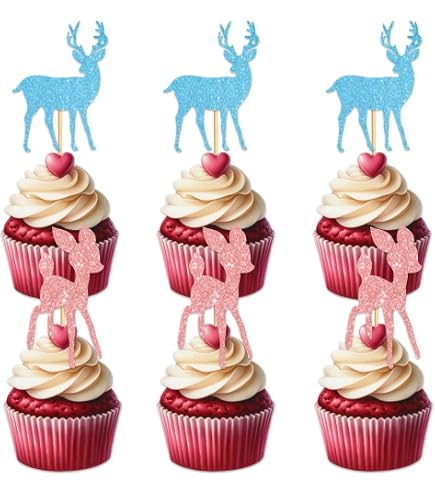 MonMon & Craft Cupcake-Topper Für Babyparty – 24 Stück Glitzer-Aufsätze Für Gender Reveal (Blaue Oder Rosa Hirsch-Motive)
