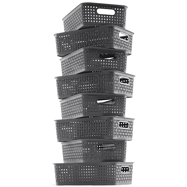 NETANY PLASTIC STORAGE BASKETS – 8 PACK, GRAY, DURABLE, EASY TO USE, FLEXIBLE, MULTI-PURPOSE, IDEAL FOR CLOSETS, CABINETS, SHELVES, COUNTERTOPS