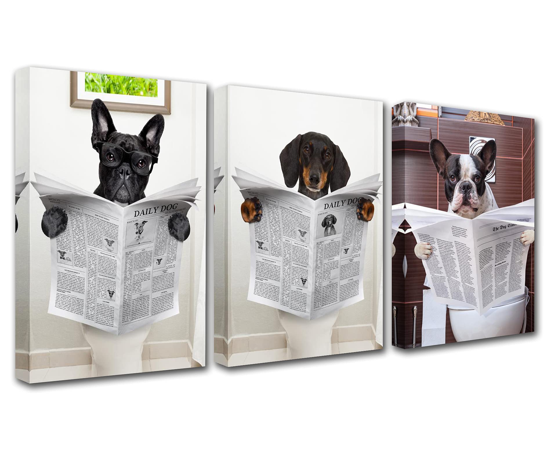 Walarky Barthroom Decor 3 Panel Canvas Anthropomorphic Dog Pictures - Dog Reading Newspaper & Sitting on Toilet - Modern Home Decor with Giclee Framed Ready to Hang - 42''x20''