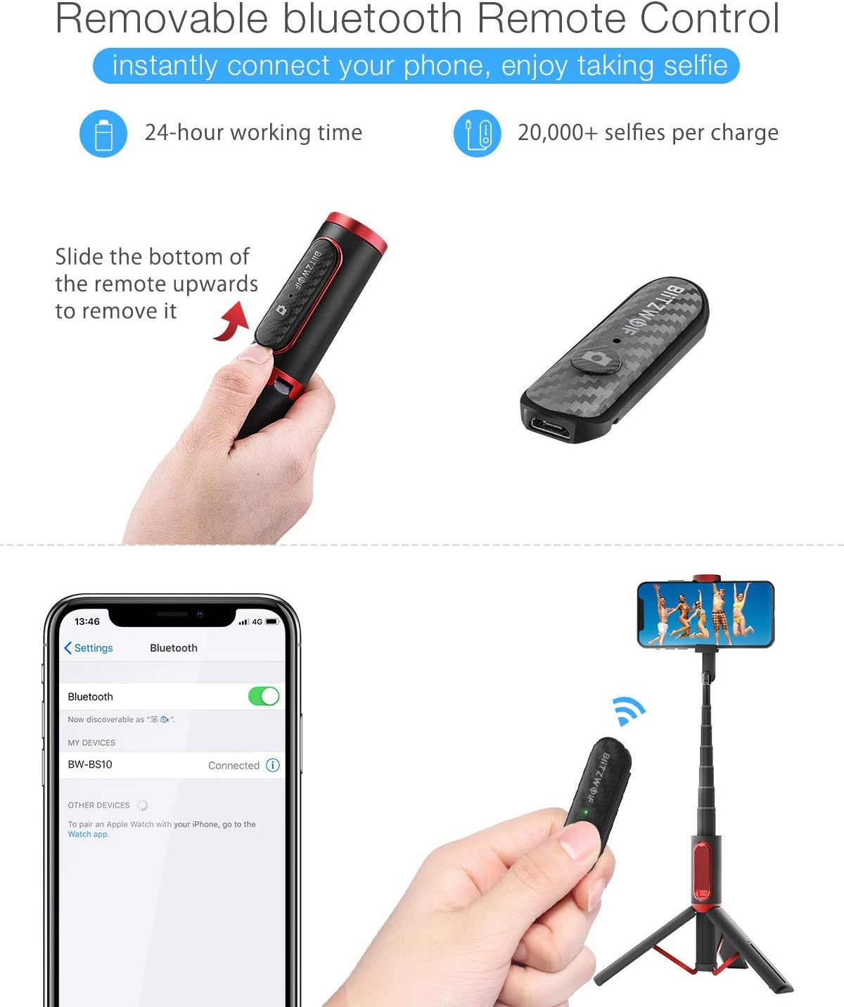 Selfie Stick Tripod, BlitzWolf Lightweight Aluminum All in One Extendable Phone Tripod Selfie Stick Bluetooth with Remote for iPhone 11/Xs MAX/XR/XS/X/8/8 Plus/7/7 Plus/6s, Galaxy S10/S9/S9 Plus, More: Camera & Photo