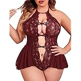 Avidlove Womens Plus Size Lingerie Lace Bodysuit Teddy Deep V One Piece Lace Babydoll