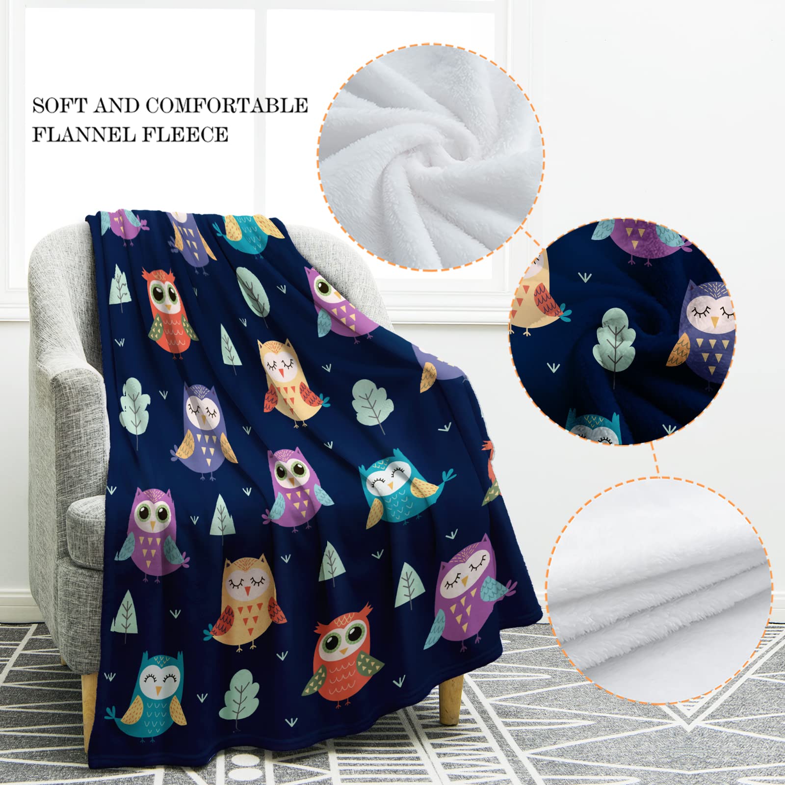 Jekeno Owl Blanket Gifts for Women Kids Girls Mom Home Bedroom Living Room Mother's Day Decor Soft Cozy Lightweight Throw Blankets Navy Blue 50