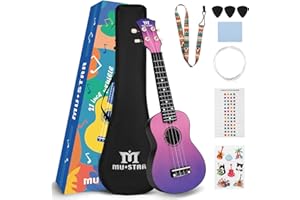 FITNESSCLUB MUSTAR Soprano Ukulele, 21 Inch Basswood Ukulele for Beginners, Ukuleles Kit With Gig Bag, Strap, Picks, Cloth, Sticker, Christmas Ukulele Gift for Adults Teenagers