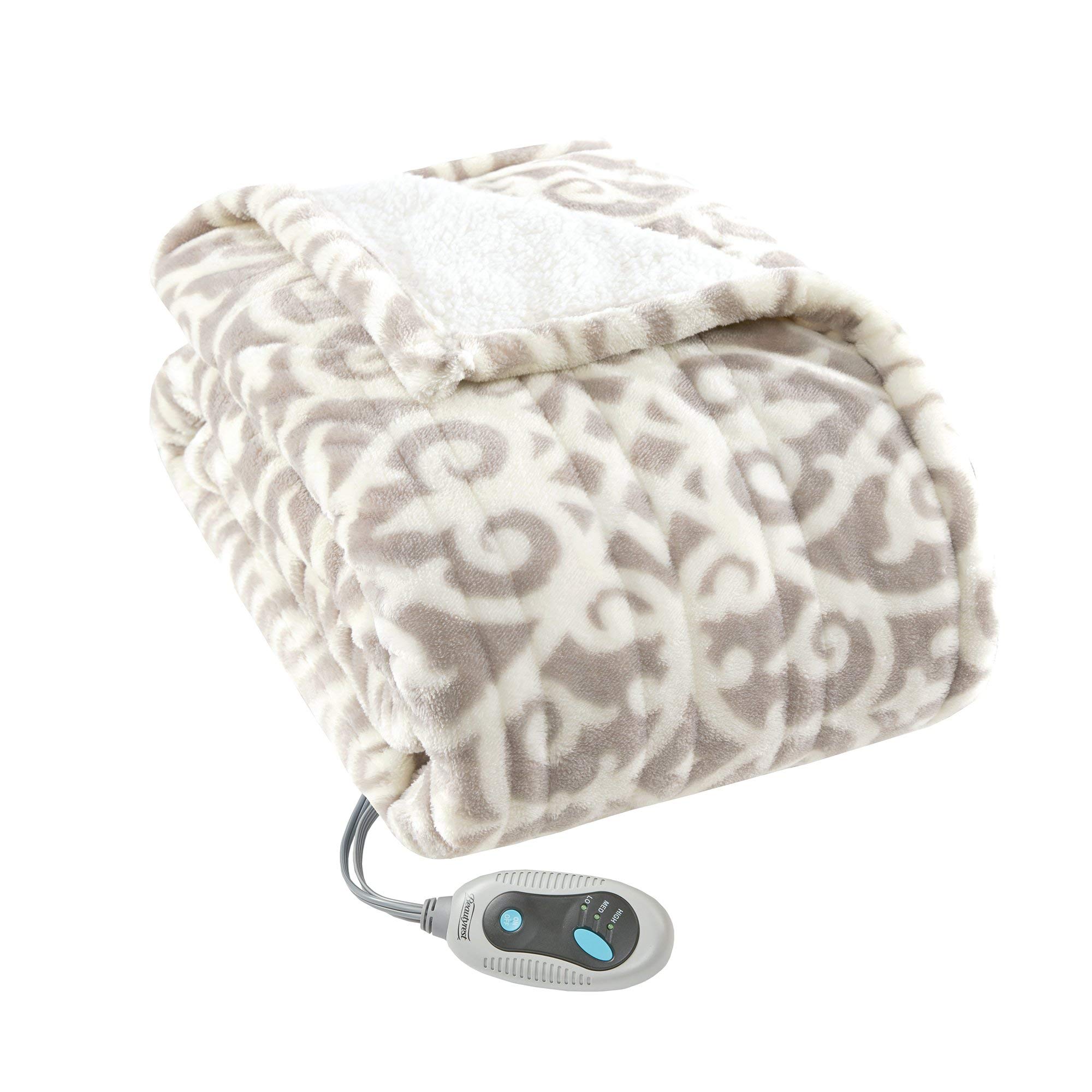 Beautyrest Wearable Electric Poncho Wrap Blanket, Ultra Soft Sherpa & Berber Fleece Heated Throw, UL Certified & Oeko-TEX, 3 Heat Settings & 2 Hour Auto Shutoff, Gift-Ready, 50″ x 64″, Grey Lattice