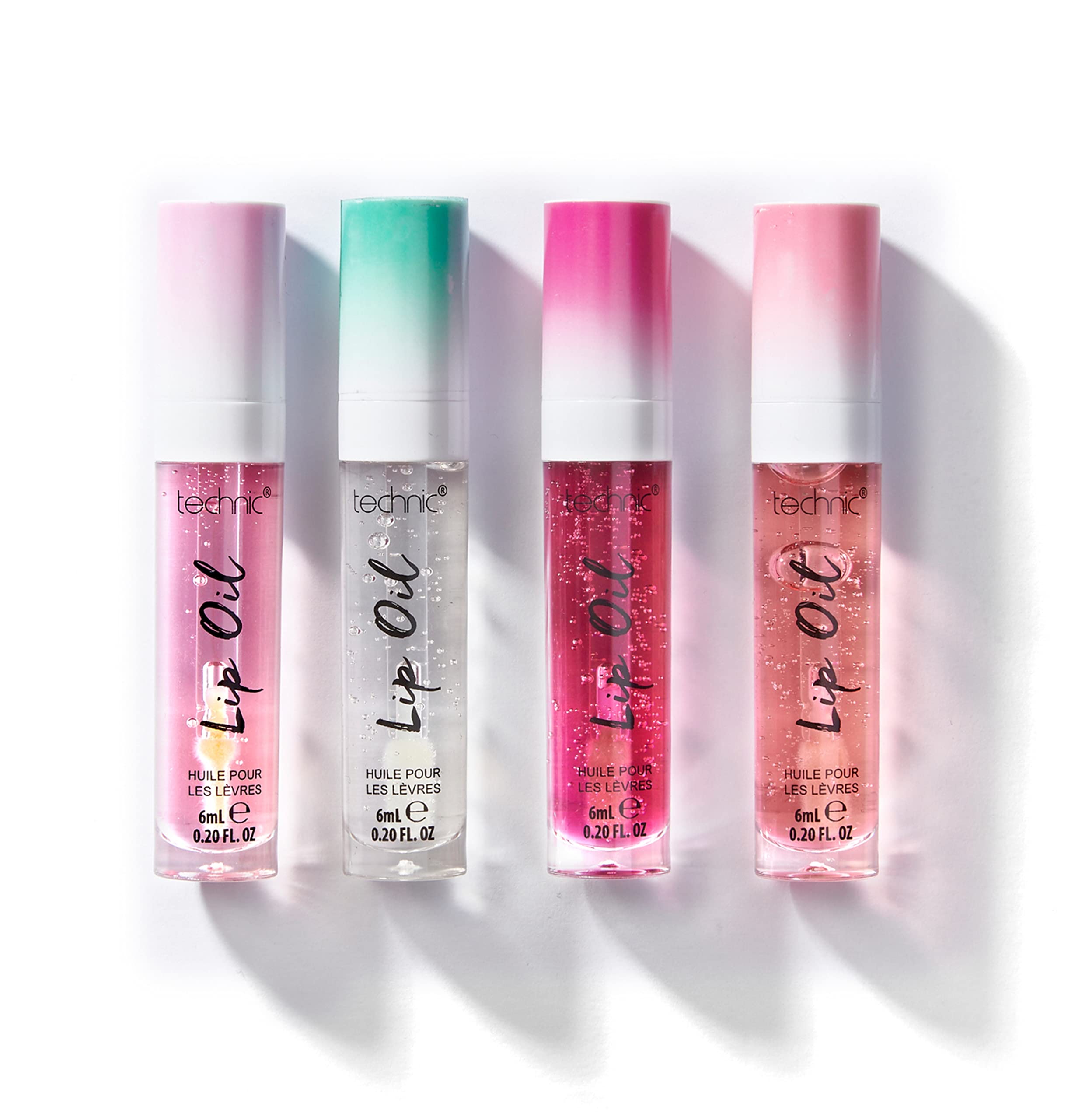 Technic Lip Oil Bundle - 4 Flavoured, Non Sticky, Hydrating Lip Oils With a High Shine Glossy Finish - Mixed Variety Multipack - Strawberry, Mint, Cherry, Orange