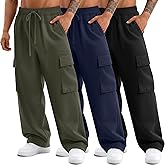 August Alley 3 Pack Big and Tall Men's Cargo Sweatpants Open Bottom Drawstring Elastic Waist Pants with Pockets Casual Hiking