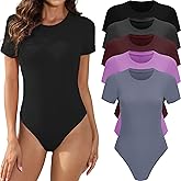 MLYENX 5 Pack Body Suits for Womens Short Sleeve Round Neck Casual Stretchy Basic T Shirt Bodysuit Tops