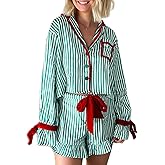 VFURYGD Women Stripe Print Pajamas Set Long Sleeve Lapel Button up Tops PJ Bottom Sleepwear 2 Piece Lounge Set