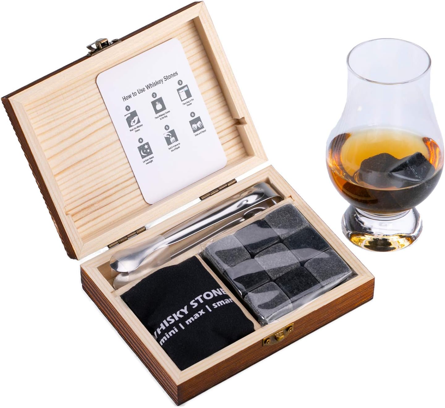 VOVZON Whiskey Chilling Stones Gift Set for Men, 9 Whisky Scotch Bourbon Stones in Wooden Box