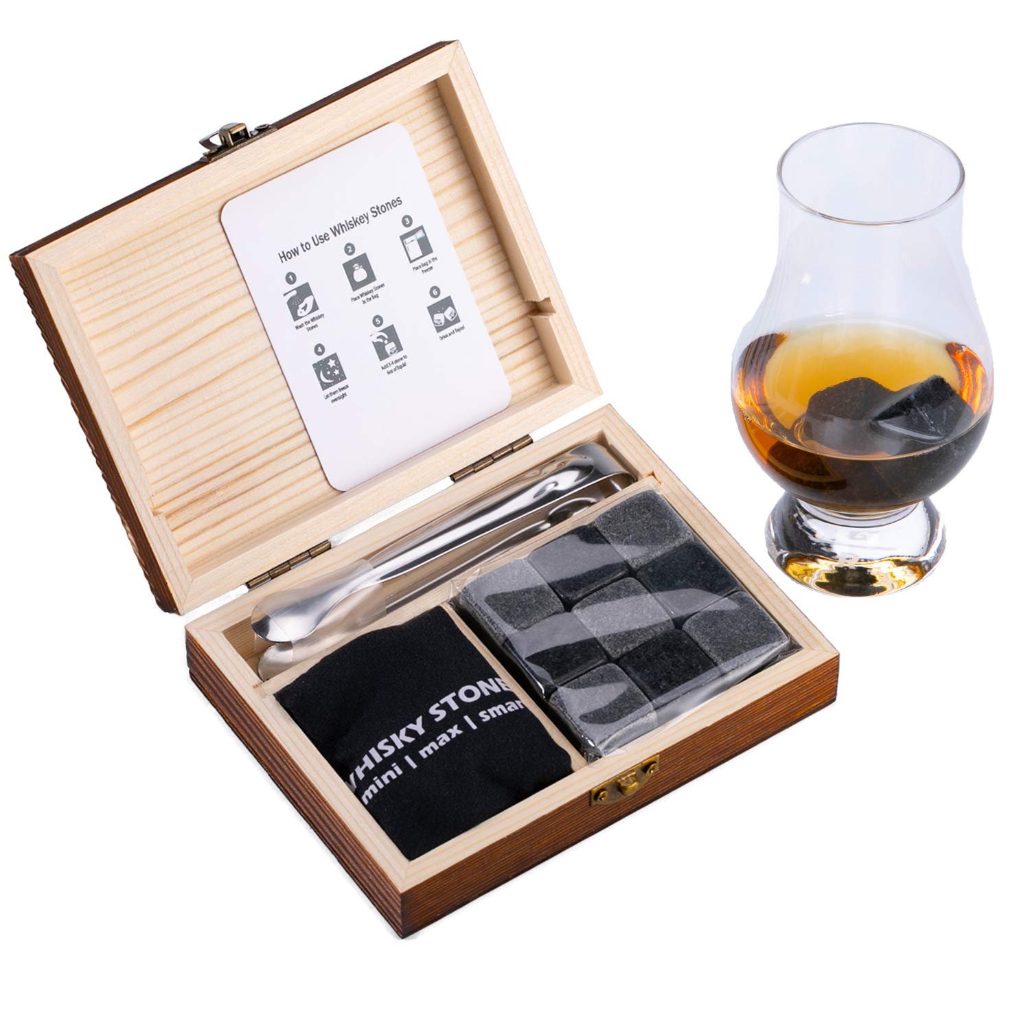 VOVZON Whiskey Chilling Stones Gift Set for Men - 9 Whisky Scotch Bourbon Stones in Wooden Box, Christmas/Birthday/Anniversary/Retirement Gift/Present for Father Dad Boyfriend Colleagues