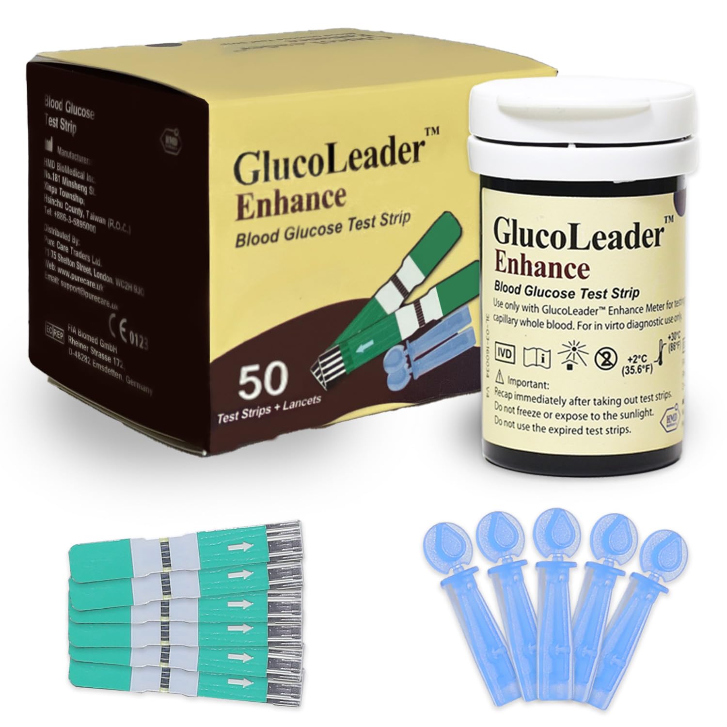 GlucoLeader Enhance Blood Glucose Test Strips Pack of 50 Blood Sugar Test Strips & Lancets. Made in Taiwan. (No Meter Included)