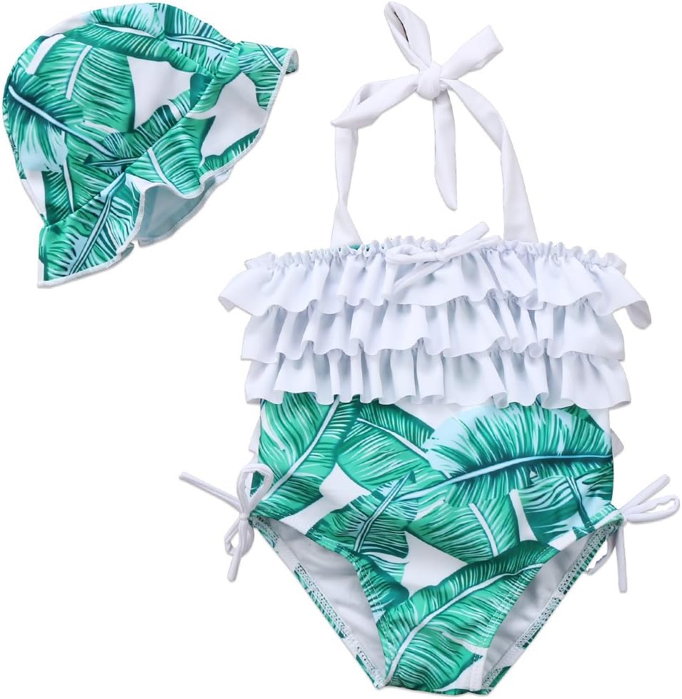 Baby Girl Leaf Swimsuit Ruffles Swimwear Halter Bathing Suit One Piece Bikini With Sun Hat For Toddler Girls Beach Wear