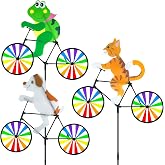 DECEED 3 Pack Animal Bike Pinwheels Wind Spinners, Dog and Cat Pinwheels, Colorful Windmill with Stakes, Wind Spinner for Yard Garden Lawn (Dog Cat Frog)
