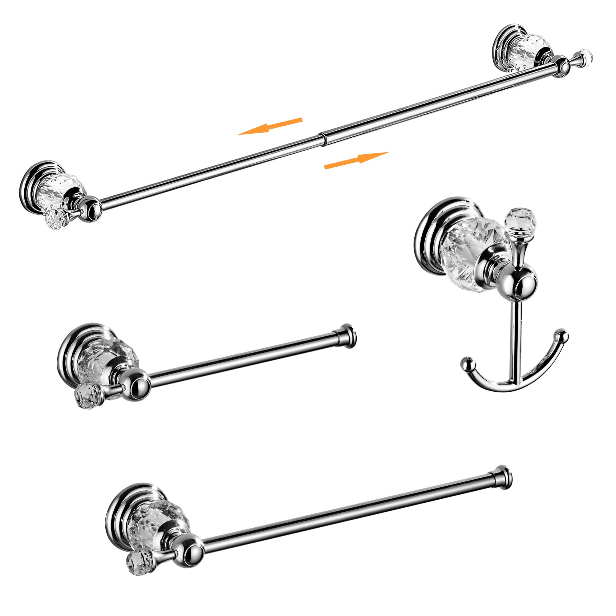 Crystal Bathroom Hardware Set,Adjustable Towel Rack, Toilet Roll Paper Holder,Hand Towel Holder,Hook,Gold Bathroom Accessories Set Wall Mounted (Bright Chrome)