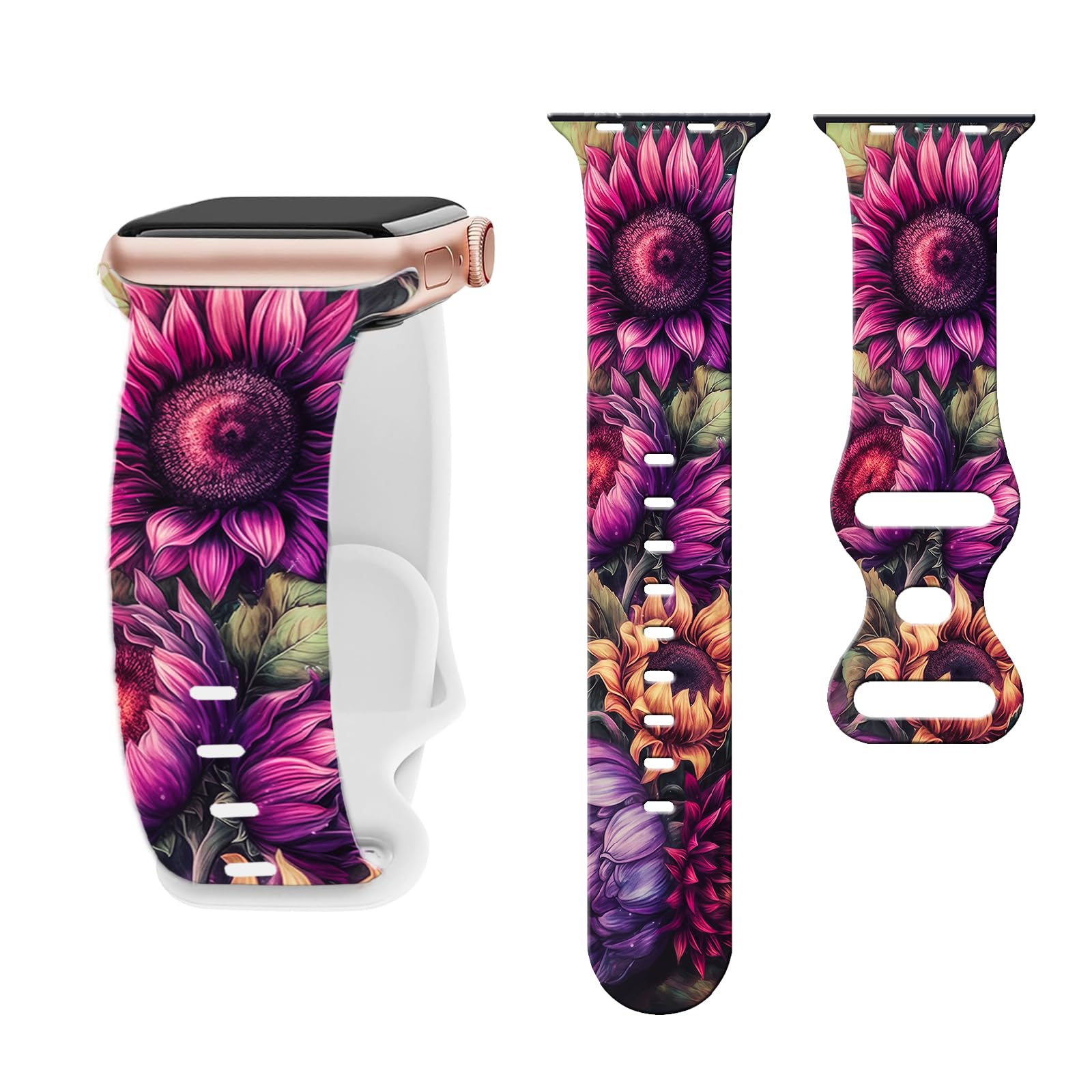 Sport Band Floral Printed Compatible with Apple Watch Bands 49mm 45mm 44mm 42mm 41mm 40mm 38mm Women, Silicone Flower Printed Fadeless Pattern Design Strap for iWatch Series10，9, 8,7,6,5,4,3,2,11,SE