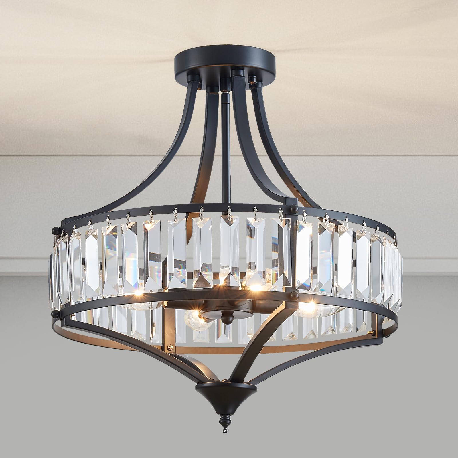 Photo 1 of Majhoiw Black Crystal Chandelier Semi Flush Mount Ceiling Light Fixture Round Rustic Farmhouse 4-Light Mid Century Modern Chandelier for Hallway, Bedroom, Foyer, Entryway, Closet