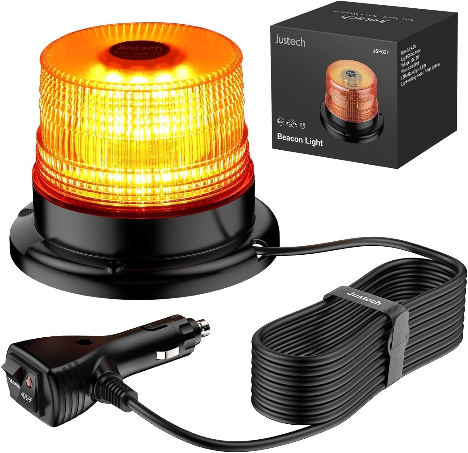 Justech 12/24V Flashing Beacon 40W 40 LED Emergency Warning Strobe Light Amber Strobe Lights 7 Flash Modes Waterproof with Magnetic Base for Truck Vehicle