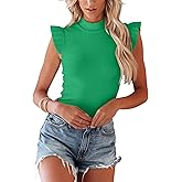 Allimy Womens Casual Summer High Mock Neck Ruffled Sleeve Ribbed Tanks Tops Slim Fit Blouse Shirts