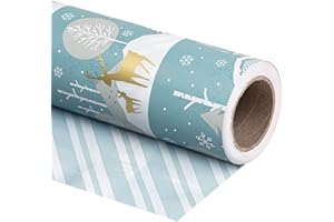 WRAPAHOLIC Reversible Christmas Wrapping Paper - Mini Roll - 17 Inch x 33 Feet - Blue and White Reindeer Holiday Landscape and Stripe Design for Christmas, Holiday, Party