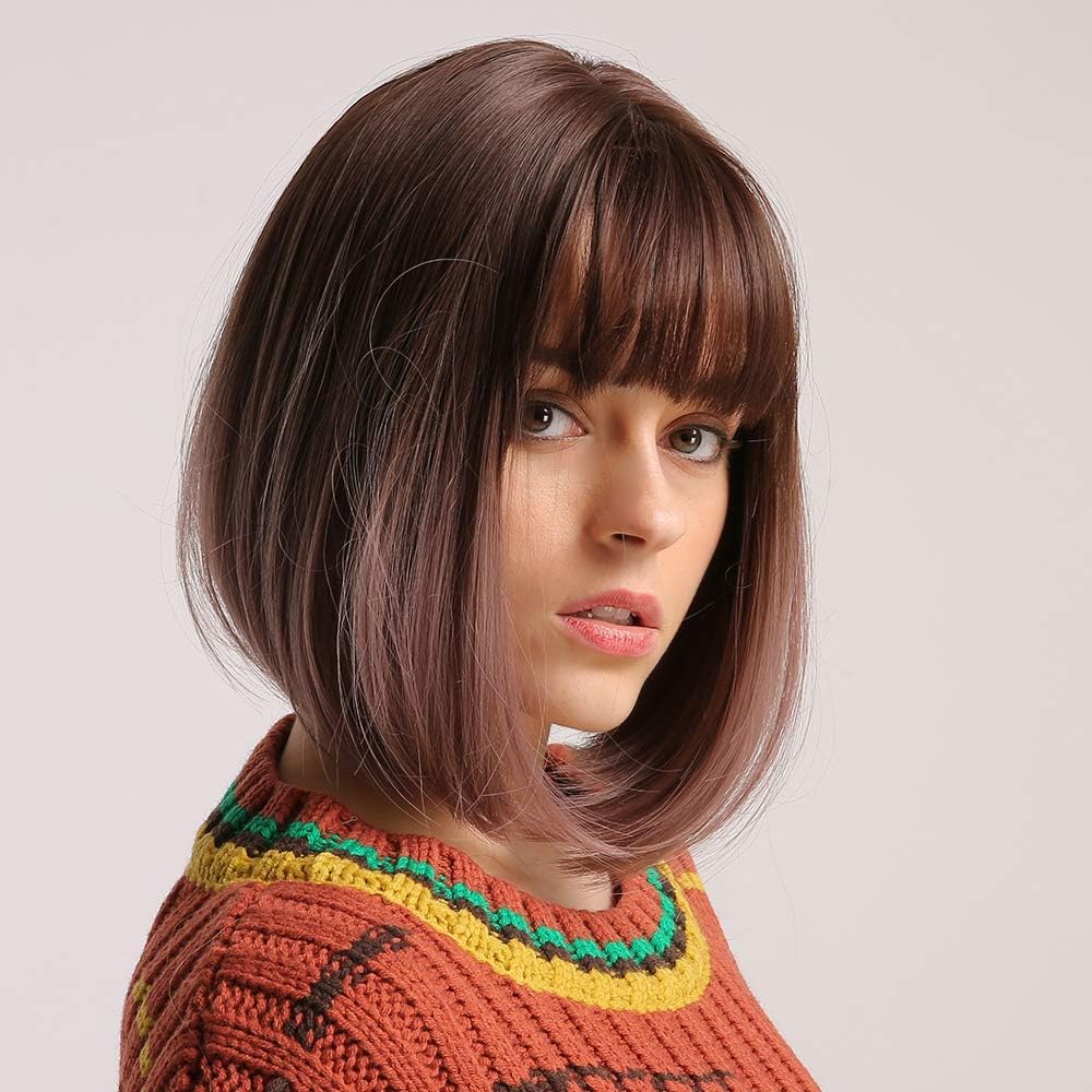 Kellynee 12" Ombre Brown to Purple Bob Wig with Bangs Synthetic Wigs for Women (2 Wig Caps Included)