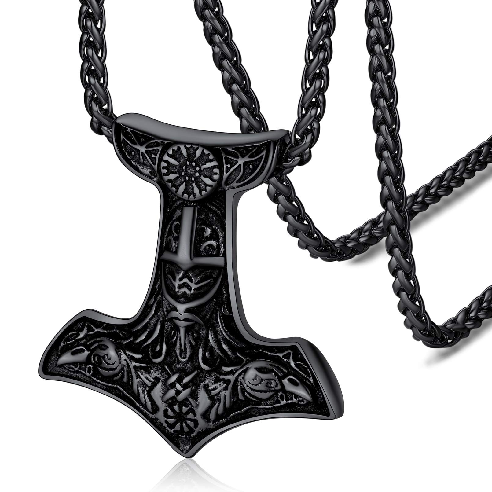 FaithHeart Viking Hammer Necklace for Man Norse Mjolnir Black Pendant Nordic Jewellery Stainless Steel Viking Accessories with Sturdy Chain 22"+2"