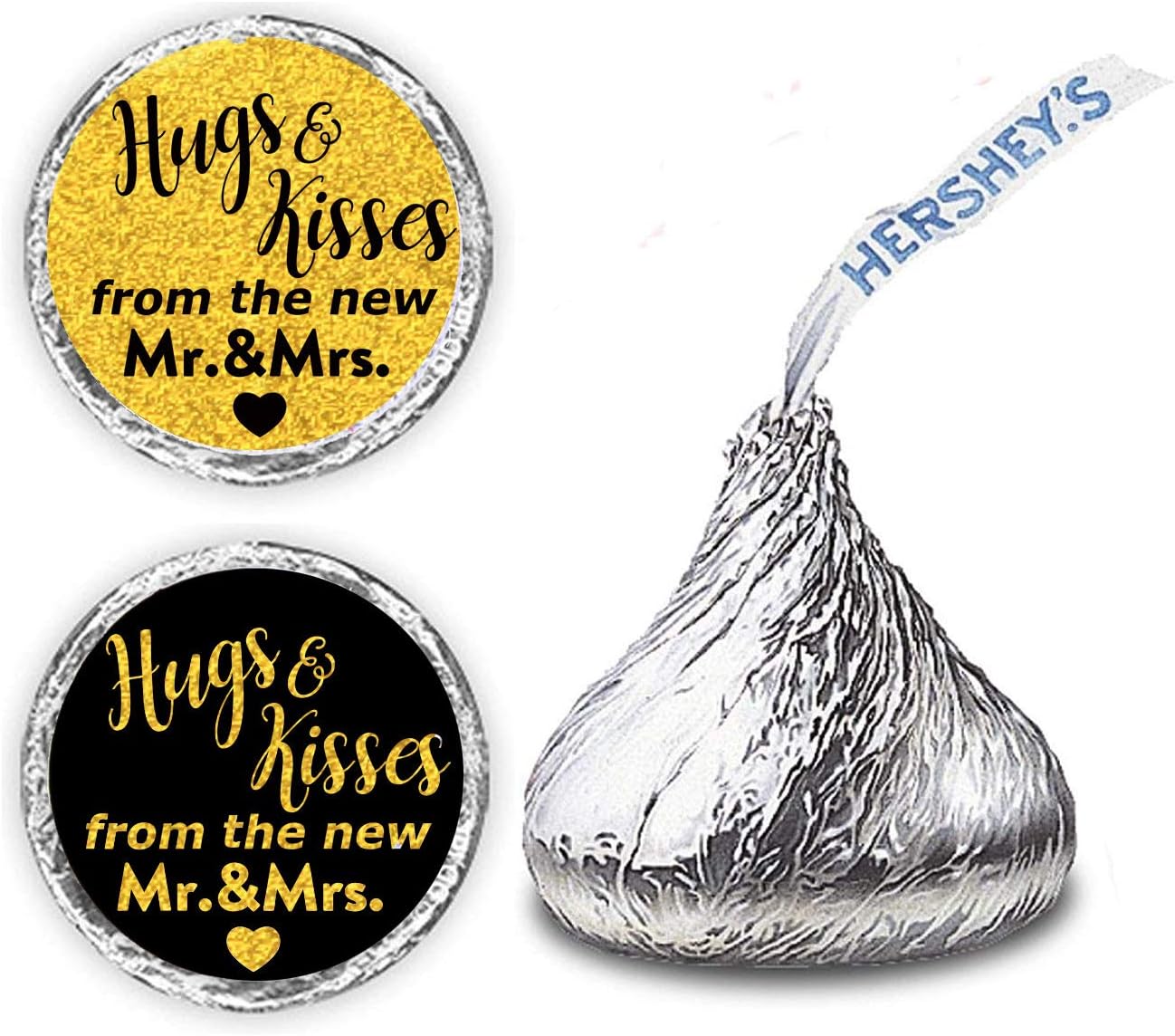 270 PCS"Hugs and Kisses from The New Mr and Mrs" Stickers - 0.75 Inch Round Black Gold Laser Design - Hershey's Kisses Favor Labels Stickers - Perfect for Wedding and Bridal Showers Supplies