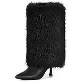 QLR 3.3-inch Kitten Heel Mid Calf Fur Boots Furry Fuzzy Fluffy Pointed Toe Boots for Women Short Boot with Side Zipper Fall Winter Snow Fold Over