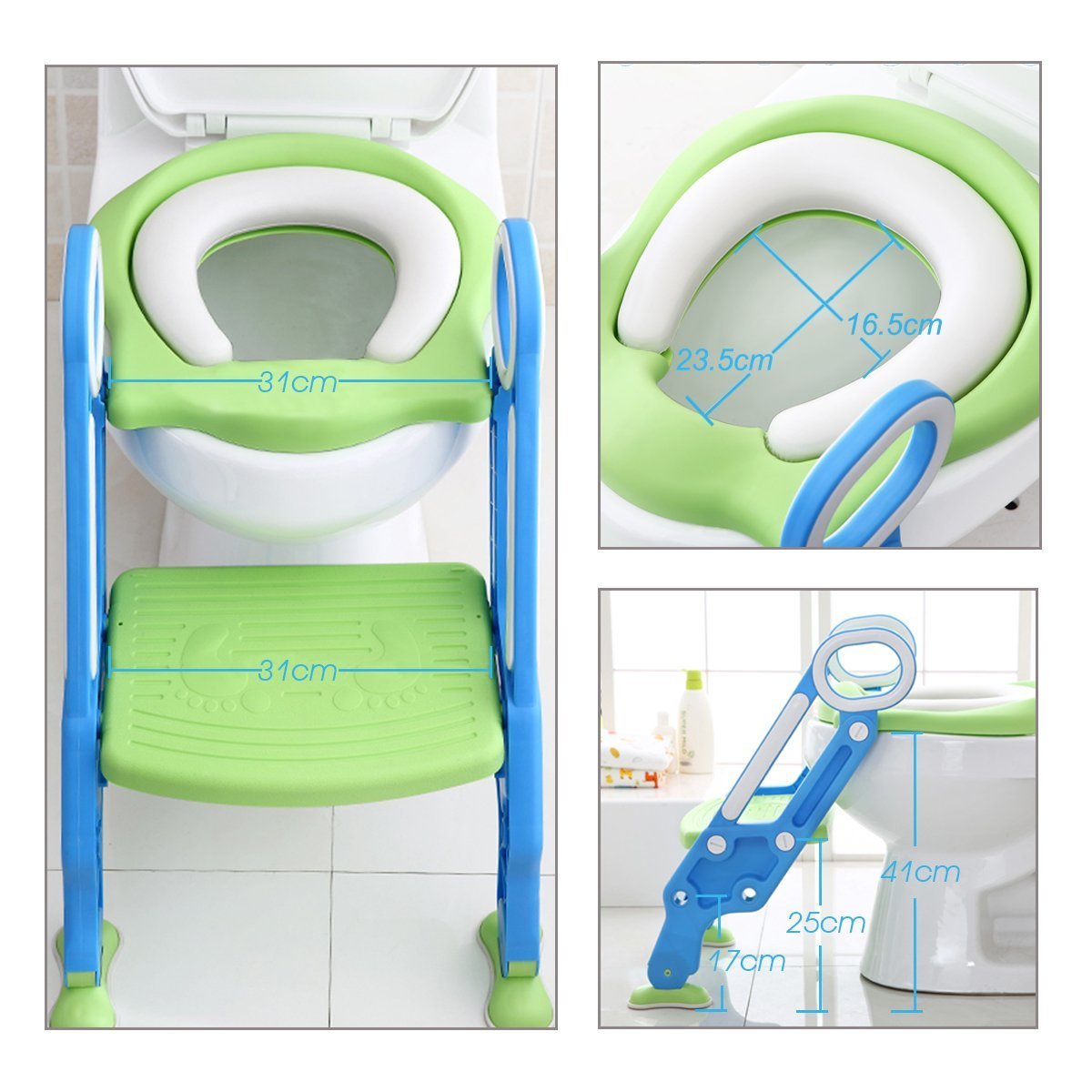 Mangohood Potty Training Toilet Seat with Step Stool Ladder for Boys and Girls Baby Toddler Kid Children Toilet Training Seat Chair with Handles Padded Seat Non-Slip Wide Step (Blue Green): Home Improvement